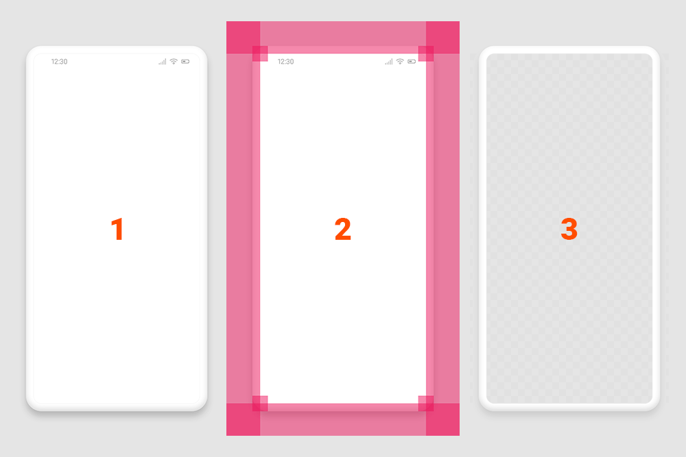 Image of three stages of Adobe XD phone mockup design