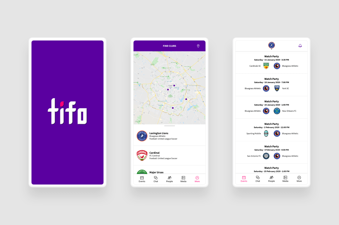 Three screenshots from Tifo mobile app
